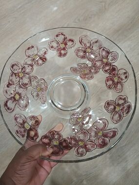 Clear Glass Flower Serving Bowl with Pink Floral Accents